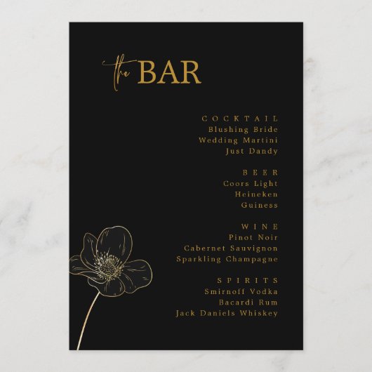 Minimalistisches Black & Gold Wedding Drinks Bar M Menükarte (Vorderseite)