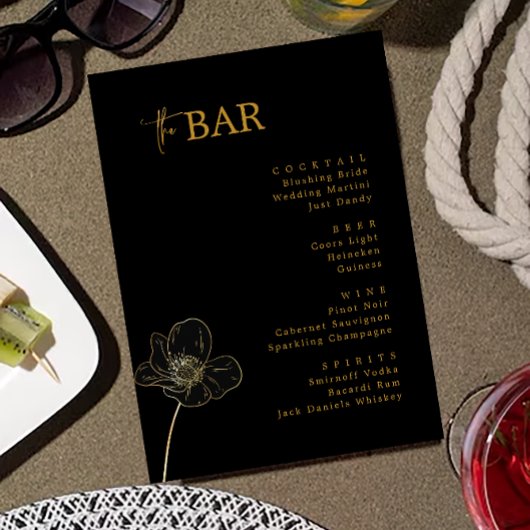 Minimalistisches Black & Gold Wedding Drinks Bar M Menükarte