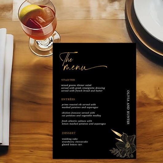 Minimalistisches Black & Gold Wedding Drinks Bar M Menükarte