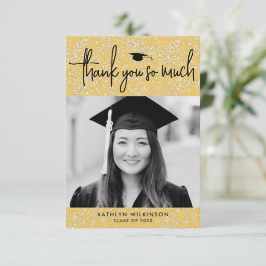 Minimalistisches Black Script Gold Glitzer Foto GR Dankeskarte (Stehend Vorderseite)