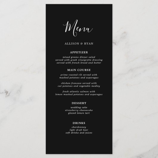 Minimalistisches Black Wedding Menu Menükarte (Vorderseite)