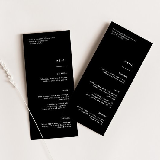 Minimalistisches Black Wedding Menu Menükarte