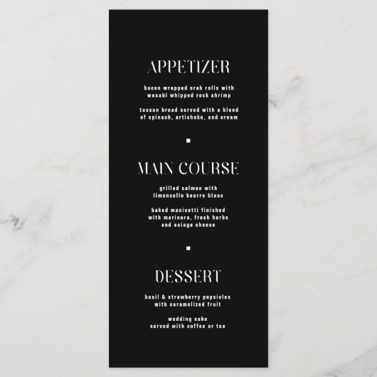 Minimalistisches Black Wedding Menu Menükarte (Rückseite)