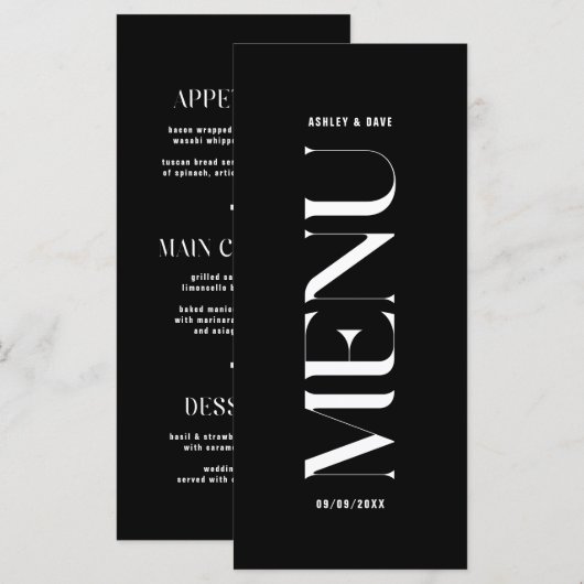 Minimalistisches Black Wedding Menu Menükarte (Vorne/Hinten)