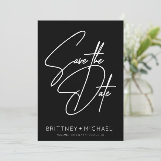 Minimalistisches Blatt Schwarz Save The Date (Stehend Vorderseite)