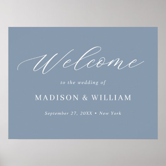 Minimalistisches Blauer Script-Hochzeitszeichen Poster (Vorne)