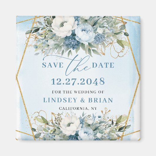 Minimalistisches blaues Blumengold Save the Date Magnet (Vorne)