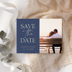 Minimalistisches blaues Foto Hochzeit speichern Si Folien Feiertagspostkarte