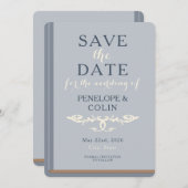 Minimalistisches Blue Cream Library Book Save The Date (Vorne/Hinten)