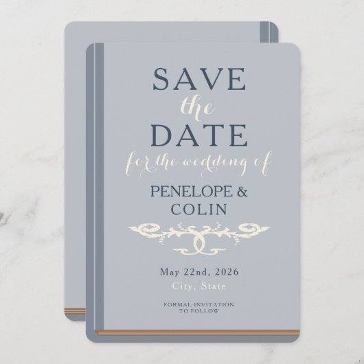 Minimalistisches Blue Cream Library Book Save The Date (Vorne/Hinten)