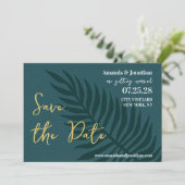 Minimalistisches Blue Palm Leaf Hochzeit Sichern S Save The Date (Stehend Vorderseite)