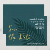Minimalistisches Blue Palm Leaf Hochzeit Sichern S Save The Date (Vorne/Hinten)