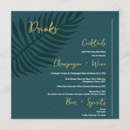 Minimalistisches Blue Palm Leaf Wedding Drinks Bar Menükarte