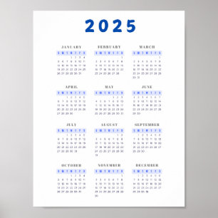 Minimalistisches Blue Poster 2025 Wall Calendar