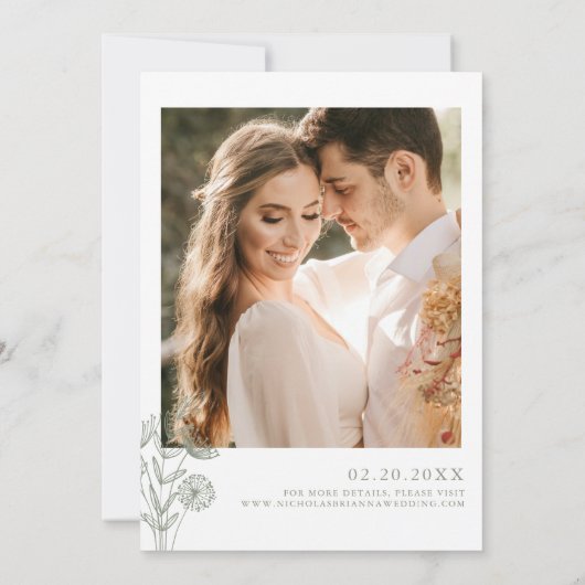 Minimalistisches Blumenstuhl Grün Modernes Hochzei Einladung (Rückseite)