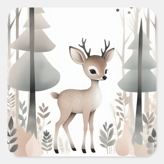Minimalistisches Boho Deer im Wald Quadratischer Aufkleber (Vorderseite)