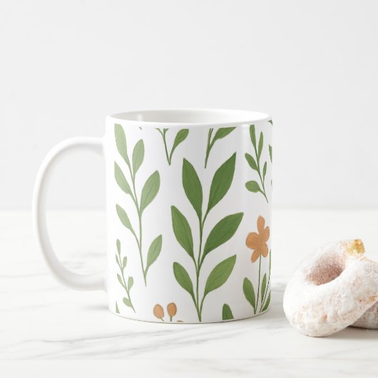 Minimalistisches botanisches Muster mit grünen Blä Kaffeetasse (Mit Donut)
