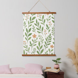 Minimalistisches botanisches Muster mit grünen Blä Wandteppich Mit Holzrahmen