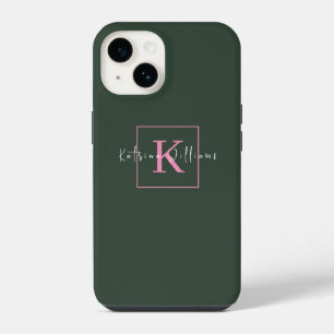 Minimalistisches Branding-Logo Dunkelgrün Pink Mon iPhone 14 Hülle