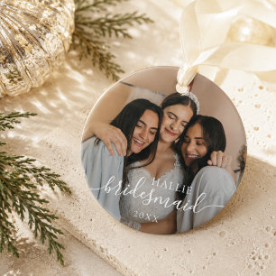 Minimalistisches Brautjungfer-Andenken-Foto-Weihna Keramik Ornament