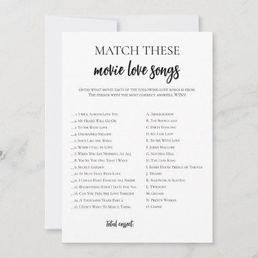 Minimalistisches Brautparty Film Liebe Song Match Einladung (Vorderseite)