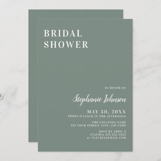 Minimalistisches Brautparty in Farbe Grün und Weiß Einladung (Vorne/Hinten)