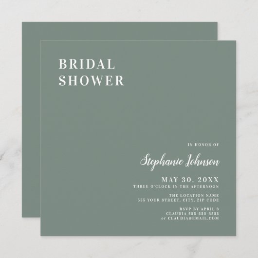 Minimalistisches Brautparty in Farbe Grün und Weiß Einladung (Vorne/Hinten)