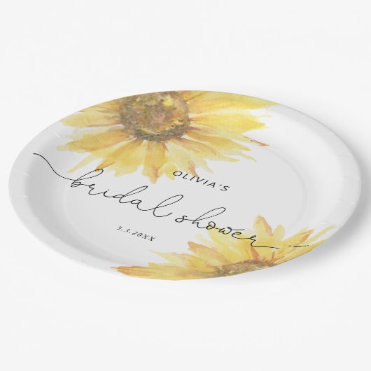 Minimalistisches Brautparty mit Sonnenblumen Pappteller (Schrägansicht)