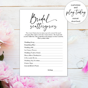 Minimalistisches Brautparty Scattergories Game Einladung