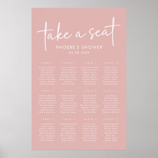 Minimalistisches Brautparty-Sitzdiagramm in rosa Poster (Vorne)