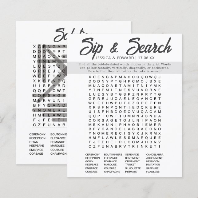 Minimalistisches Brautparty Word Search Simple Mod (Vorne/Hinten)