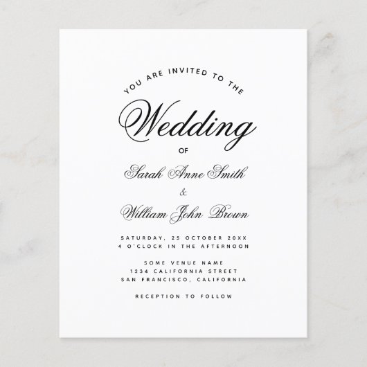 Minimalistisches Budget Schwarz & Weiß Hochzeitsem (Vorderseite)