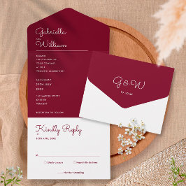 Minimalistisches burgunderrotes Schriftmonogramm z All In One Einladung