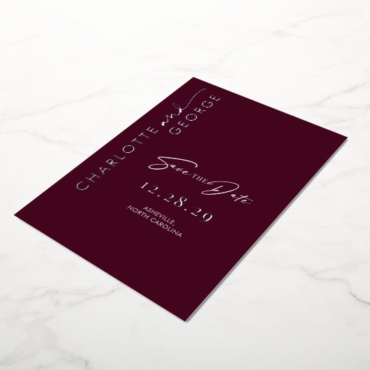 Minimalistisches Burgundy Silver Save the Date Folieneinladung (Gedreht)
