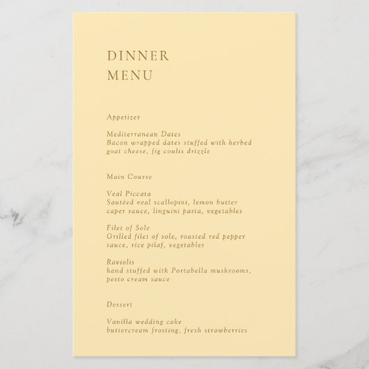 Minimalistisches Butter Gelb Modernes Hochzeitmenü (Vorderseite)