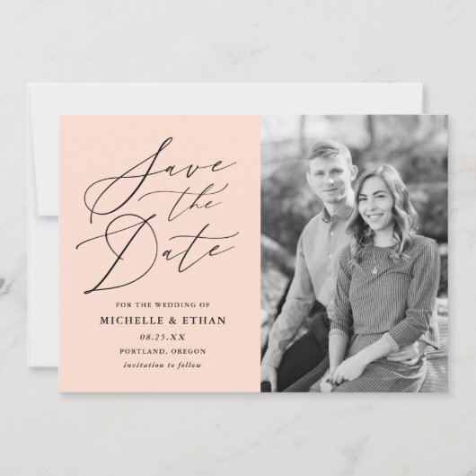 Minimalistisches Calligraphy Script-Peach-Foto Save The Date (Vorderseite)