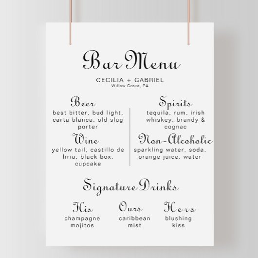 Minimalistisches Calligraphy Wedding Bar Menu Post Poster