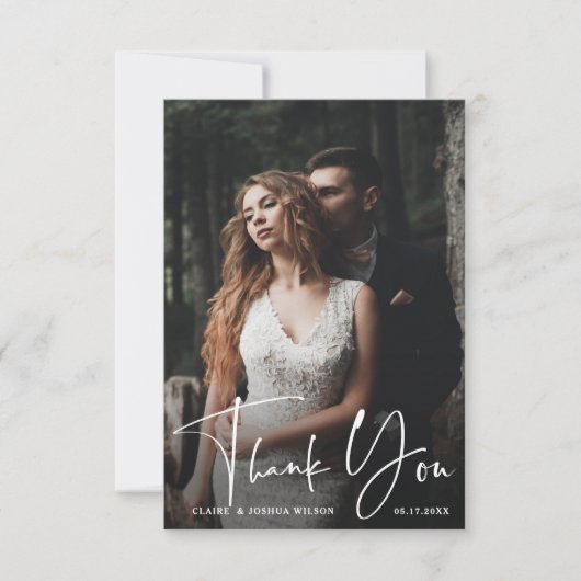 Minimalistisches Chic Script 2 Foto Hochzeit Dankeskarte (Vorderseite)