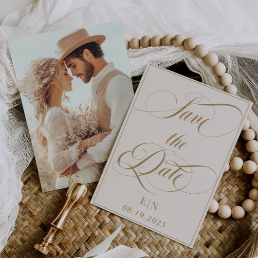 Minimalistisches Classic Ivory Gold Foto Save The Date