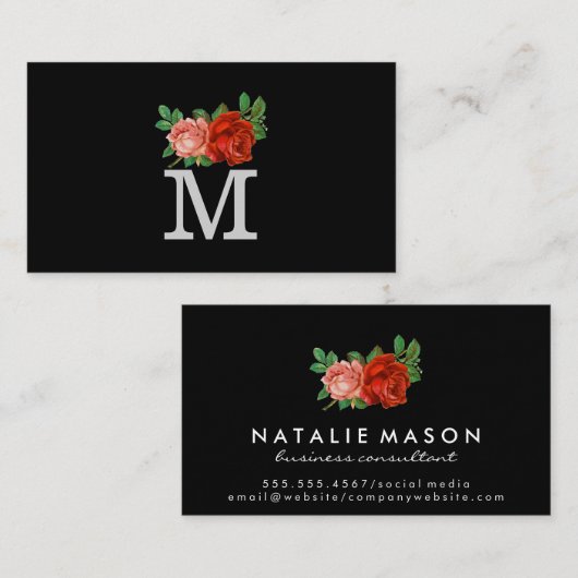 Minimalistisches Classic Monogramm mit Rose Visitenkarte (Vorne/Hinten)