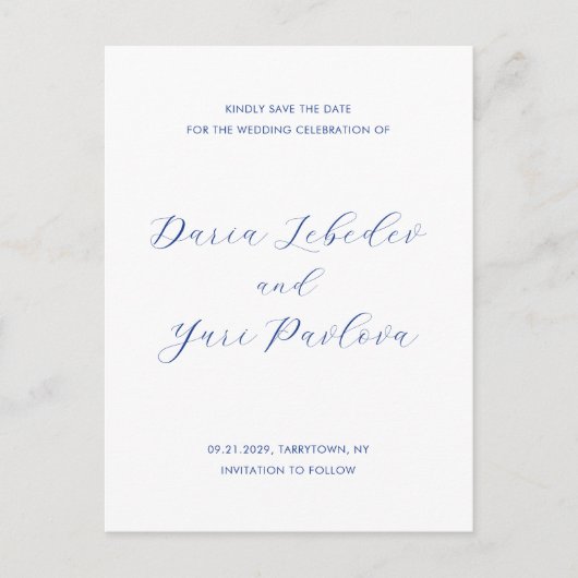 Minimalistisches Cobalt Blue Wedding Save the Date Ankündigungspostkarte (Vorderseite)