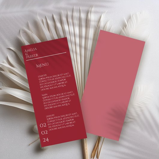 Minimalistisches Crimson Red Wedding Menu Menükarte