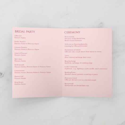 Minimalistisches Crimson Red Wedding Programm (Innenseite)