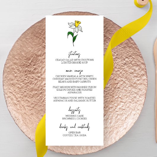 Minimalistisches Daffodil Wedding Menu Menükarte