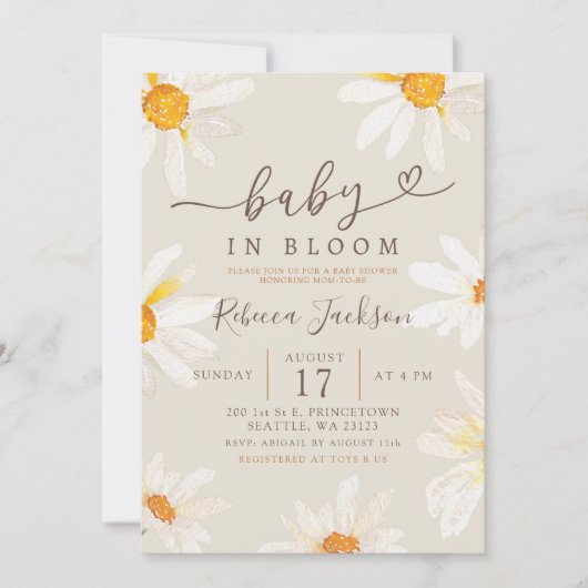 Minimalistisches Daisy Summer Baby in Bloom Baby D Einladung (Vorderseite)