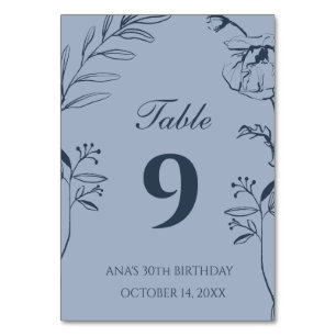 Minimalistisches Dusty Blue Floral 30. Geburtstag Tischnummer