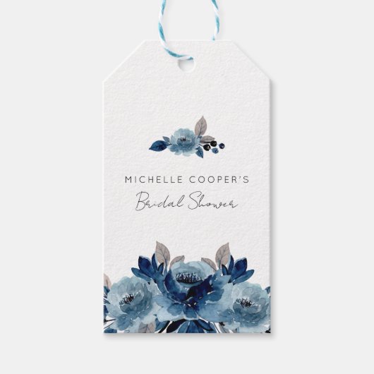 Minimalistisches Dusty Blue und Navy Floral Geschenkanhänger (Vorderseite)