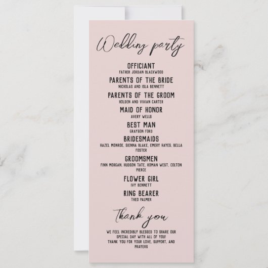 Minimalistisches Dusty Pink-Hochzeitsprogramm (Rückseite)