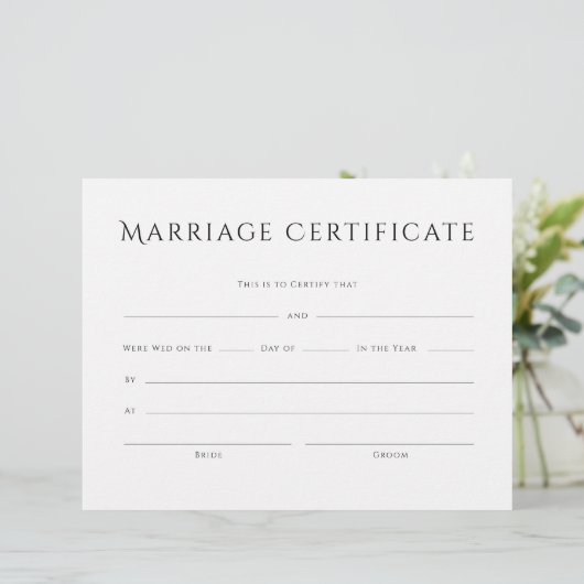 Minimalistisches Ehezertifikat in elegantem Text (Stehend Vorderseite)