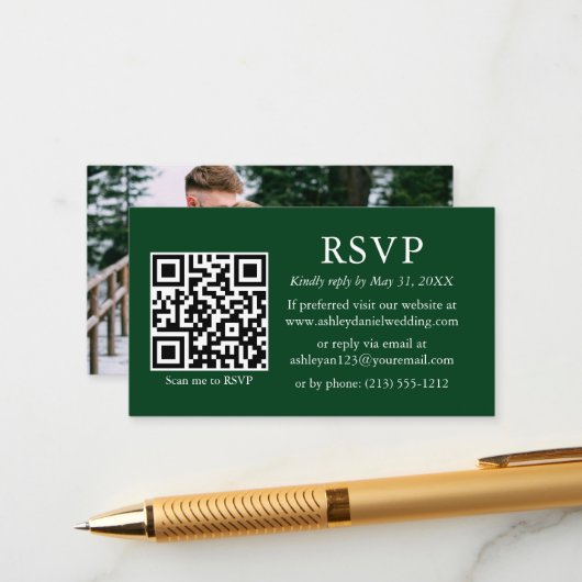 Minimalistisches einfaches Foto Hochzeit QR Green Begleitkarte (Vorderseite/Rückseite Beispiel)